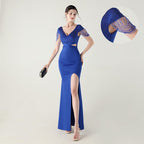 New folding positioning process bead chain shoulder decoration deep V hollow thin banquet evening dress