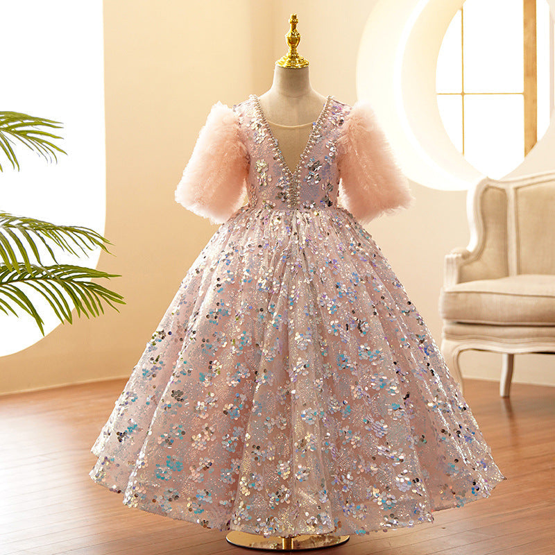 Kommunionkleid für Kleinkinder, Mädchen, Plüschärmel, rosa Pailletten, flauschiges Prinzessinnenkleid 