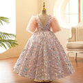 Kommunionkleid für Kleinkinder, Mädchen, Plüschärmel, rosa Pailletten, flauschiges Prinzessinnenkleid 
