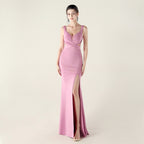 New cross-pleated hollow mesh deep V-neck evening dress slim banquet robe