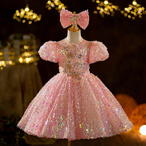 Vestido de primera comunión con lentejuelas rosas para niña, vestido de princesa para cumpleaños de niña pequeña 