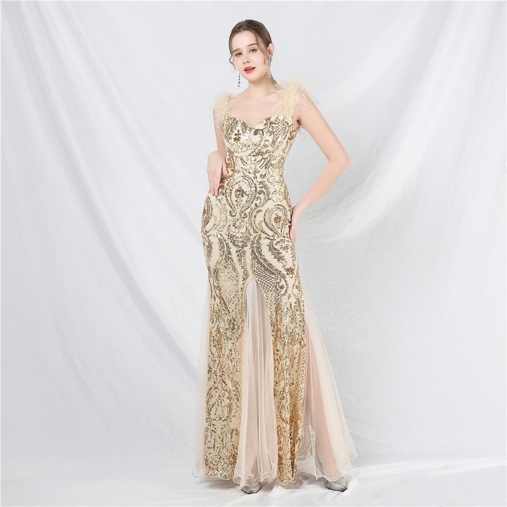 New craft ostrich hair mesh yarn beads high-end long dress skirt