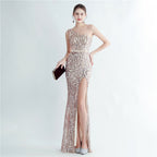 Positioning flower beads single shoulder diagonal collar side split fork long evening dress