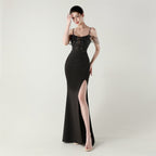 New bead tube craft fishbone strap waist formal banquet dance suspender sequined evening dress