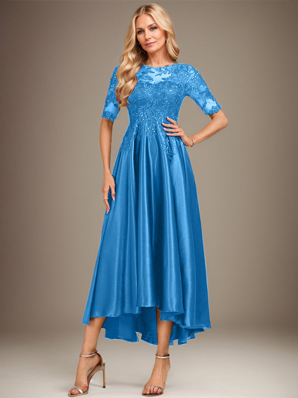 Vestido de madre de la novia de encaje satinado elástico asimétrico con ilusión de escote en A y lentejuelas 