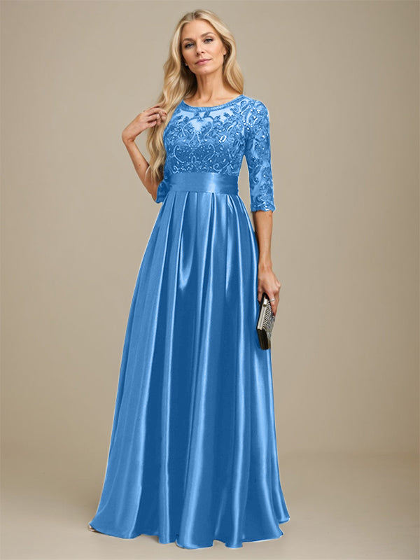 Vestido de madre de la novia de satén elástico con encaje, corte A, escote ilusión, largo hasta el suelo, con lazo y lentejuelas 