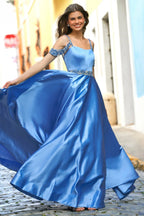 Off-Shoulder Spaghettiträger Kristallperlen Ballkleid Satin Abschlussballkleider