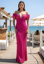 Off Shoulder Fuchsia Sequin Evening Dresses with Rhinestone Bust Detail and Floor-Length Skirt