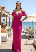 Off Shoulder Fuchsia Sequin Evening Dresses with Rhinestone Bust Detail and Floor-Length Skirt