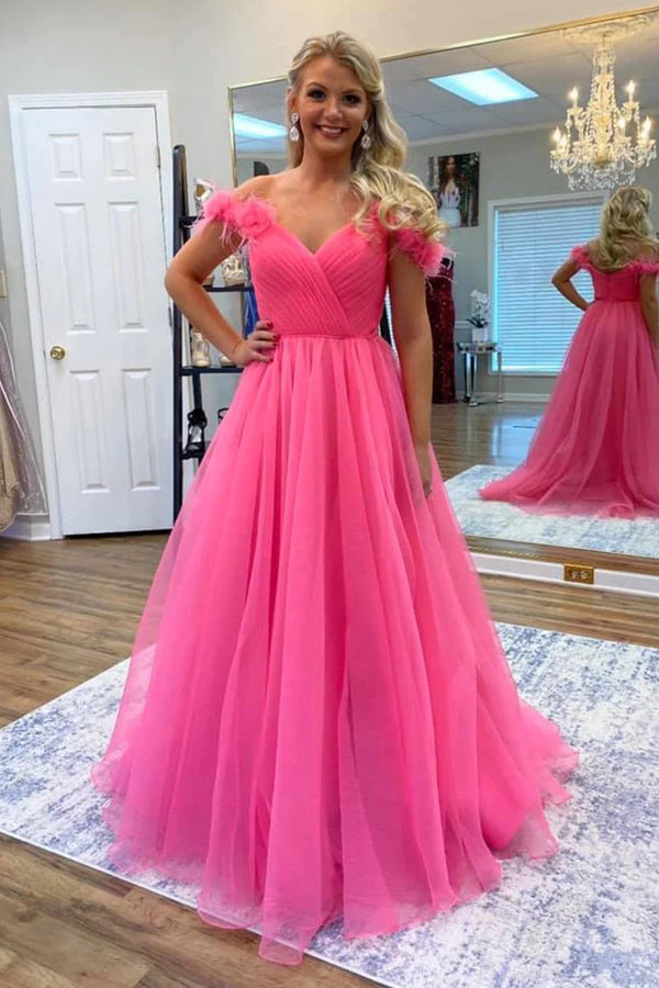Schulterfreies, pinkfarbenes Tüll-Abendkleid mit 3D-Blumen