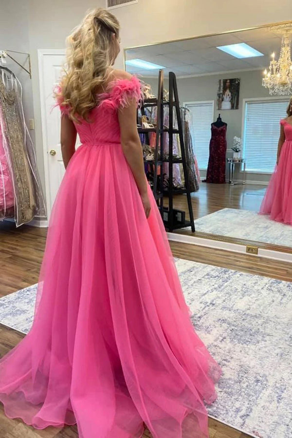 Schulterfreies, pinkfarbenes Tüll-Abendkleid mit 3D-Blumen