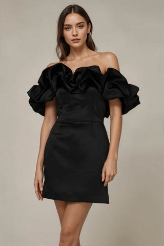 Off Shoulder Sleeveless Satin Homecoming Dress With Ruffles PD540