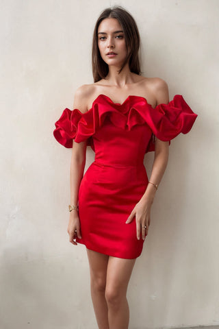 Off Shoulder Sleeveless Satin Homecoming Dress With Ruffles PD540