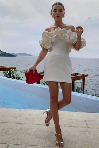 Off Shoulder Sleeveless Satin Homecoming Dress With Ruffles PD540