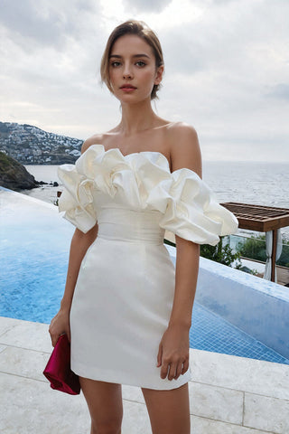 Off Shoulder Sleeveless Satin Homecoming Dress With Ruffles PD540