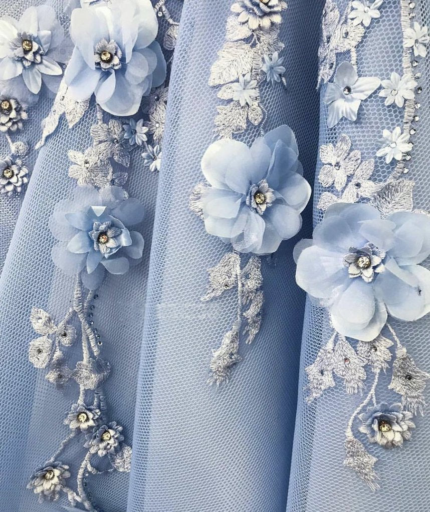 Off the Shoulder A-Line Tulle Lace Sweetheart 3D Flowers Prom Dresses
