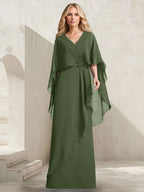 A-Linien-Kleid aus Chiffon mit V-Ausschnitt, bodenlang, mit Kaskadenrüschen und Perlenstickerei für die Mutter der Braut. 