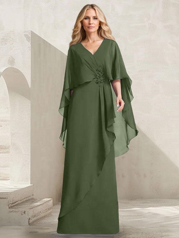 A-Linien-Kleid aus Chiffon mit V-Ausschnitt, bodenlang, mit Kaskadenrüschen und Perlenstickerei für die Mutter der Braut. 