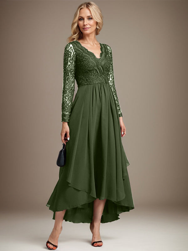 Vestido de gasa con encaje asimétrico y escote en V para madre de la novia 