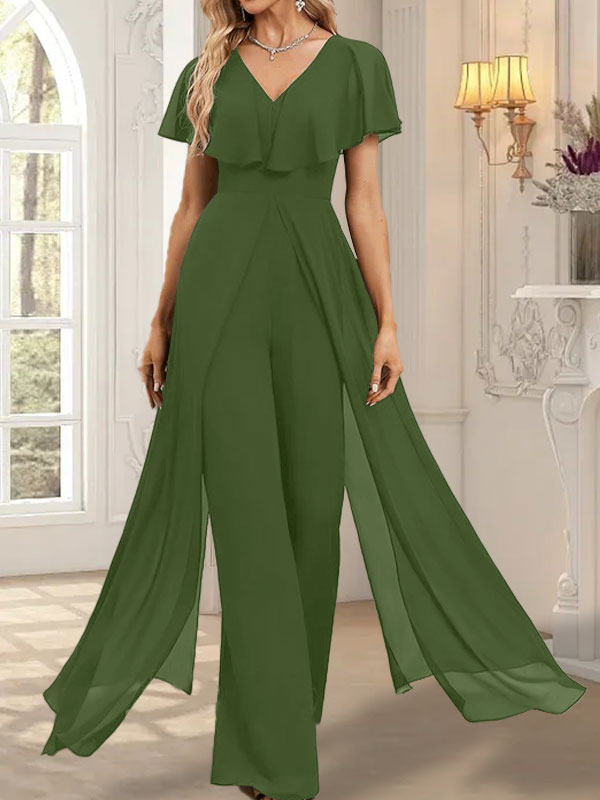 Jumpsuit/Hosenanzug, bodenlanges Chiffon-Abendkleid mit V-Ausschnitt