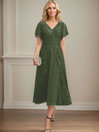 A-Linien-Kleid aus Chiffon mit V-Ausschnitt und Teelänge für die Mutter der Braut 