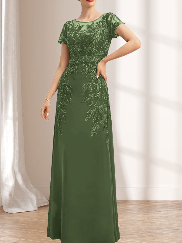 Etuikleid/Säulenkleid mit Illusion-Ausschnitt, bodenlang, aus Chiffon und Spitze mit Pailletten für die Mutter der Braut