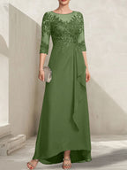 A-Linien-Kleid mit asymmetrischem, transparentem Chiffon-Spitzenausschnitt, Pailletten und Kaskadenrüschen für die Mutter der Braut