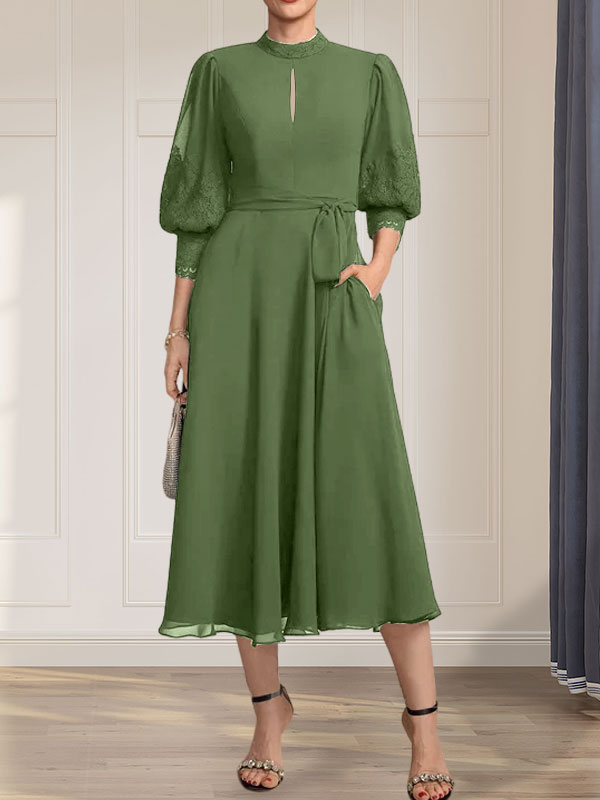 A-Linien-Kleid aus Chiffon mit hohem Kragen, Teelänge und Spitze für die Mutter der Braut, verziert mit einer Schleife
