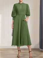 A-Linien-Kleid aus Chiffon mit hohem Kragen, Teelänge und Spitze für die Mutter der Braut, verziert mit einer Schleife