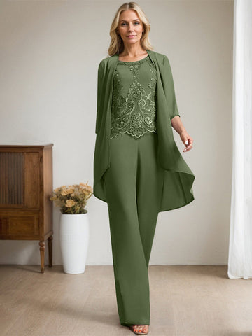 Zweiteiliges Jumpsuit-/Hosenanzug-Set, bodenlanges Chiffon-Spitzenkleid mit Perlen- und Paillettenstickerei für die Mutter der Braut 
