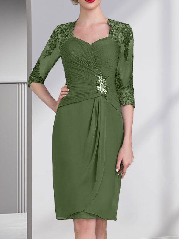 Vestido de gasa para madre de la novia, con escote en forma de corazón, largo hasta la rodilla, con apliques de cuentas, encaje y lentejuelas, plisado.