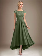 A-Linien-Kleid aus Chiffon mit asymmetrischem, plissiertem Spitzeneinsatz und Illusion-Ausschnitt für die Mutter der Braut 