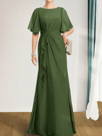 A-Linien-Kleid aus Chiffon in Bodenlänge für die Mutter der Braut mit kaskadenartigen Rüschen, Perlen und Pailletten