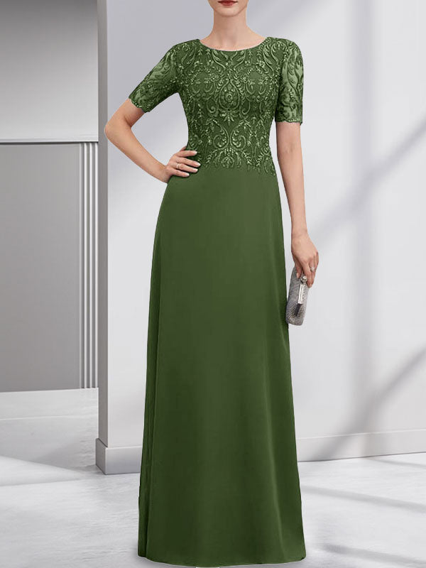 A-Linien-Kleid aus Chiffon mit Pailletten und Rundhalsausschnitt, bodenlang, für die Mutter der Braut