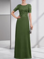 A-Linien-Kleid aus Chiffon mit Pailletten und Rundhalsausschnitt, bodenlang, für die Mutter der Braut