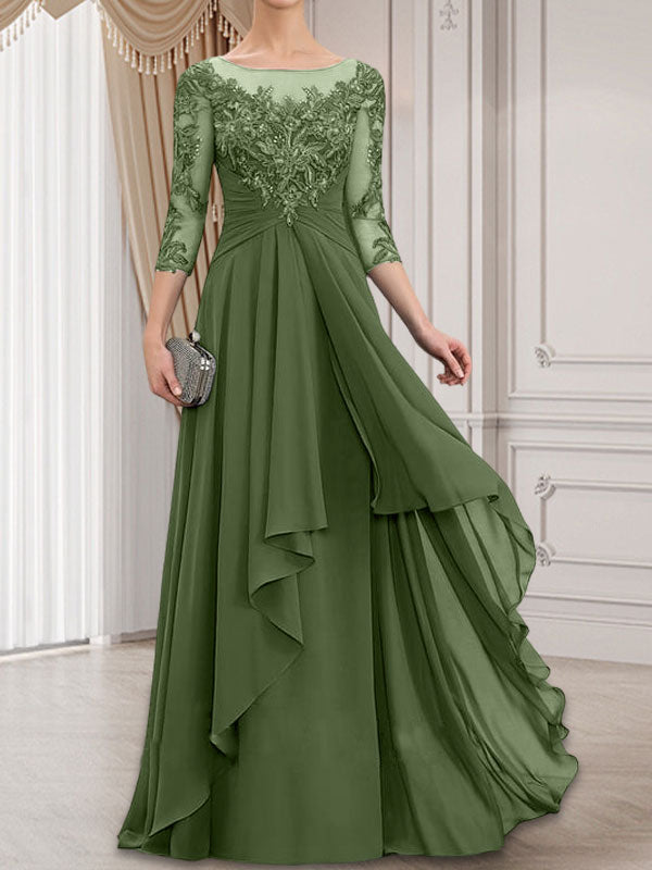 Vestido de gasa con encaje y volantes en cascada para madre de la novia, corte A, escote ilusión, largo hasta el suelo