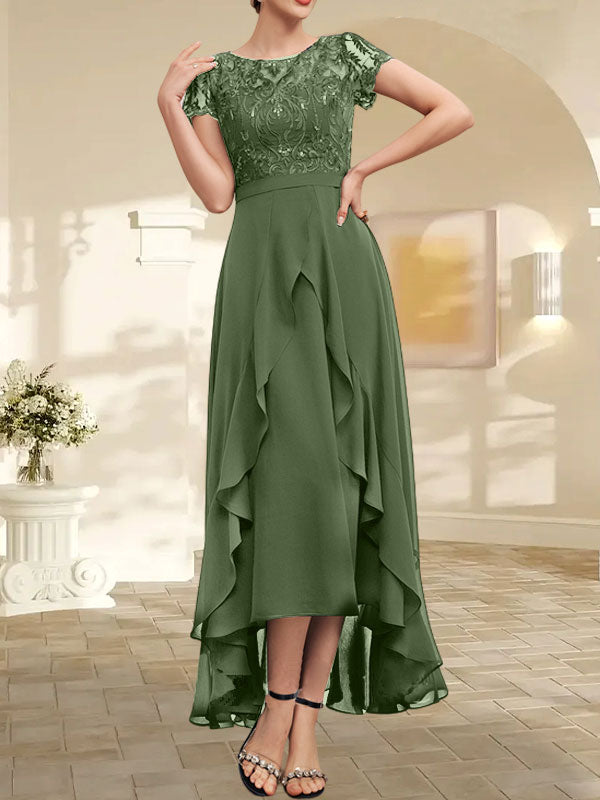 Vestido de madre de la novia de gasa asimétrica con escote en A, ilusión, encaje, lazo, volantes y lentejuelas 