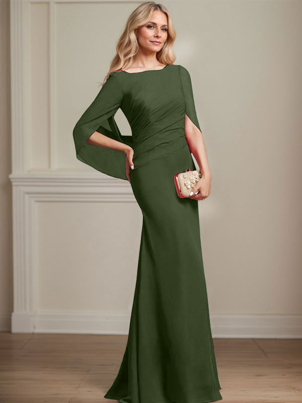 Trompeten-/Meerjungfrauen-Chiffonkleid mit U-Boot-Ausschnitt und Falten für die Mutter der Braut 