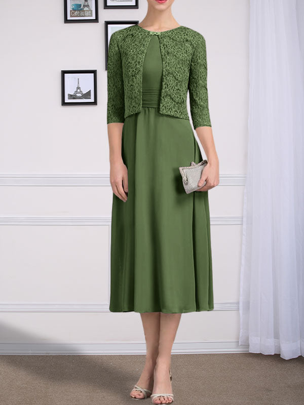 Vestido de gasa para madre de la novia, corte A, escote redondo, largo hasta la rodilla, con pliegues