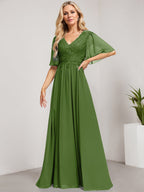 A-Linien-Kleid aus Chiffon mit V-Ausschnitt, bodenlang, mit Pailletten besetzt – ideal für die Mutter der Braut 