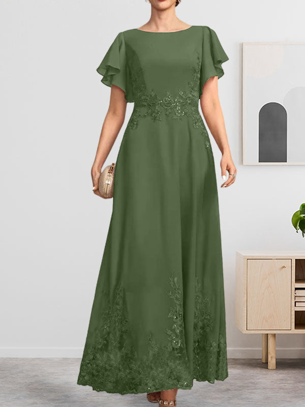 A-Linien-Kleid mit Rundhalsausschnitt, knöchellang, aus Spitze und Chiffon, mit Pailletten besetzt