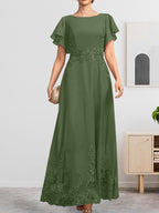 A-Linien-Kleid mit Rundhalsausschnitt, knöchellang, aus Spitze und Chiffon, mit Pailletten besetzt