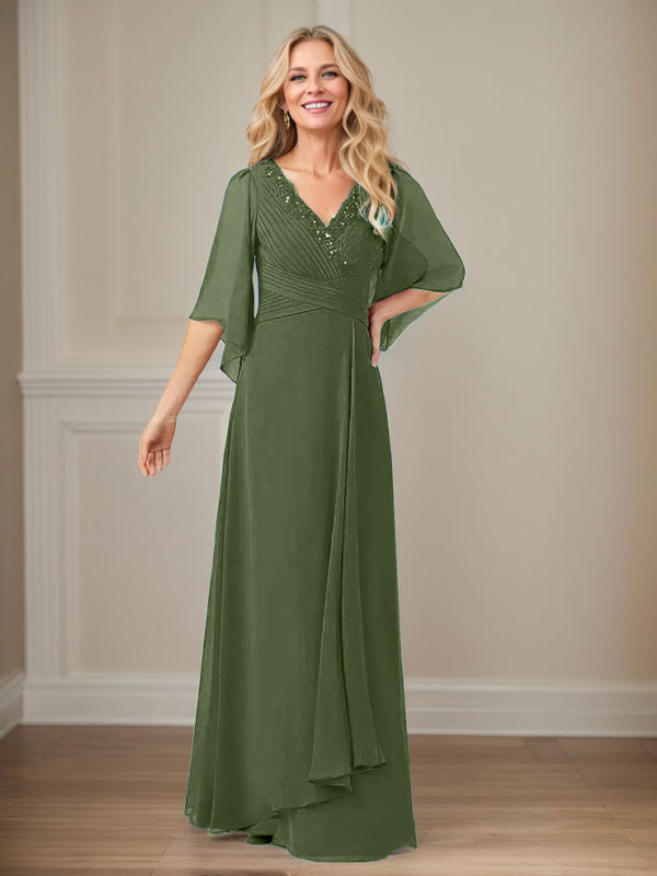 Langes Pailletten-Chiffon-Kleid in A-Linie mit V-Ausschnitt für die Mutter