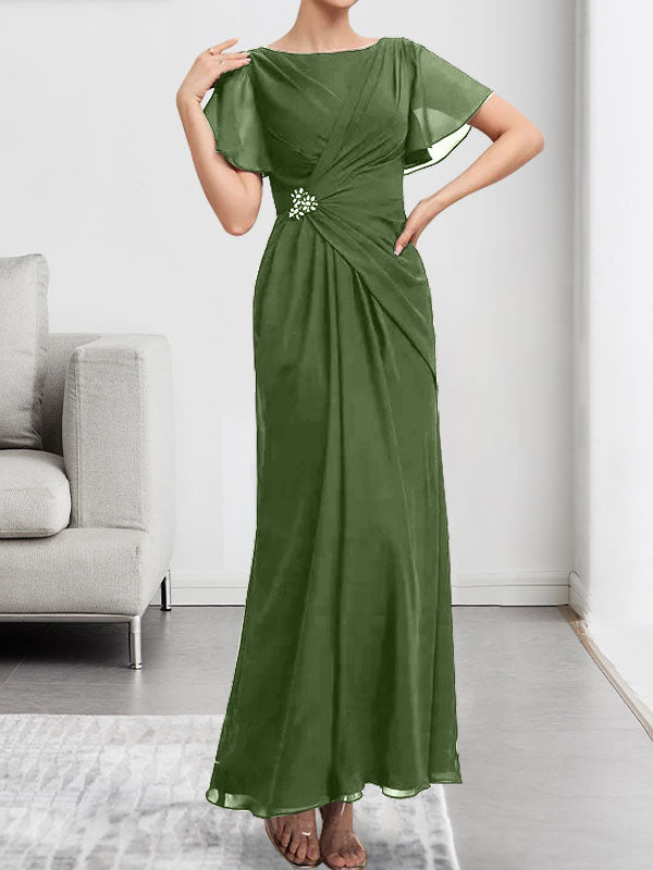 A-Linien-Chiffonkleid mit Rundhalsausschnitt, knöchellang, mit Perlenstickerei und Falten für die Mutter der Braut
