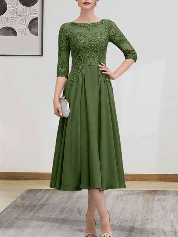 A-Linien-Kleid mit U-Boot-Ausschnitt, Illusion-Detail, Teelänge, Chiffonspitze, Perlenstickerei und Pailletten für die Mutter der Braut