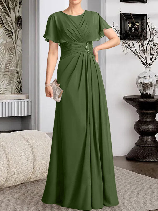 A-Linien-Kleid aus Chiffon mit Rundhalsausschnitt und bodenlanger Verarbeitung, verziert mit plissierten Perlen.