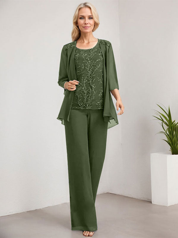 Zweiteiliger Jumpsuit/Hosenanzug, bodenlanges Chiffon-Kleid mit Spitze und Pailletten für die Mutter der Braut
