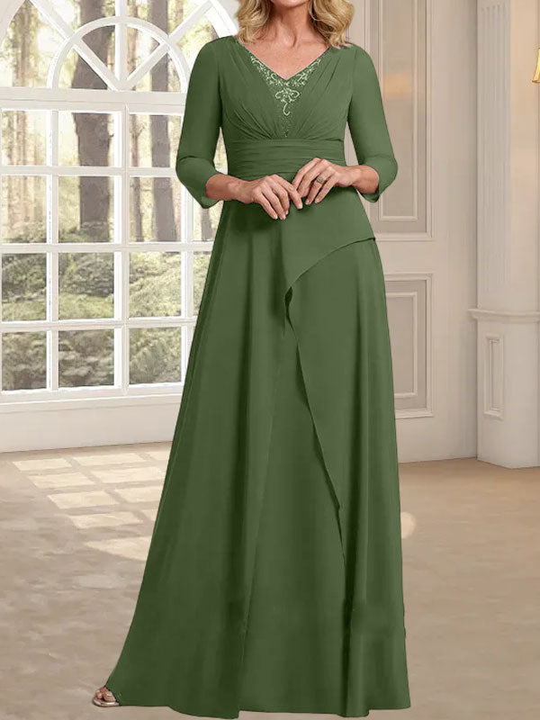 A-Linien-Kleid aus Chiffon mit V-Ausschnitt, bodenlang, für die Mutter der Braut, mit plissierter Perlenstickerei