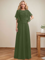 A-Linien-Kleid mit Rundhalsausschnitt, Illusion-Effekt, bodenlang, aus Chiffon und Spitze mit Pailletten – das perfekte Brautmutterkleid 