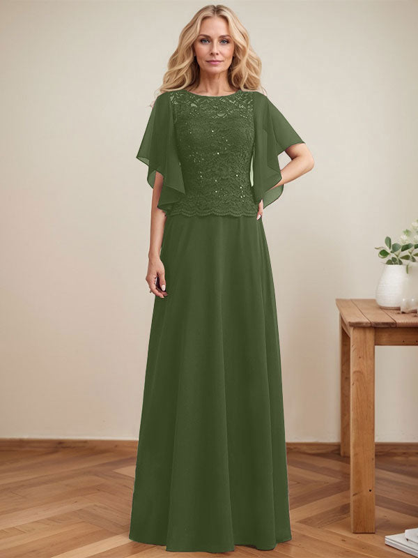 Vestido de madre de la novia de gasa con encaje, ilusión, largo hasta el suelo, corte A y lentejuelas 